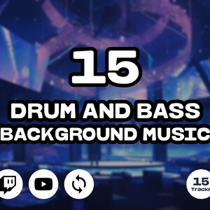 Puede incluir: Una ilustración digital de 15 pistas de música de fondo de drum and bass. La imagen presenta un gran número "15" en blanco con un contorno negro, el texto "Drum and Bass Background Music" en blanco con un contorno negro, y tres iconos: un icono de Twitch, un icono de YouTube y un icono de actualización. La imagen también presenta un círculo más pequeño con el texto "15 Tracks" en blanco con un contorno negro.