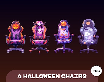 Puede incluir: Cuatro sillas de juego con temática de Halloween con diferentes diseños. Una silla presenta una calabaza, otra un cráneo, otra un fantasma y la última una calabaza.