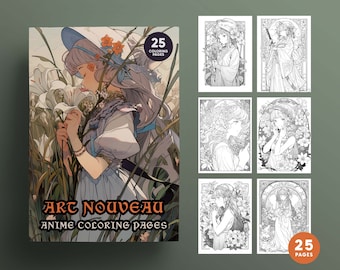 May include: A book cover featuring 25 coloring pages of anime characters in the Art Nouveau style. The cover features a young woman with long, flowing hair, wearing a white dress and holding a bouquet of flowers. The title of the book is "Art Nouveau Anime Coloring Pages".