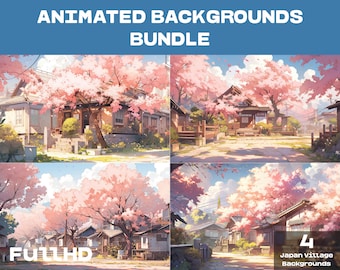 Puede incluir: Una ilustración digital de cuatro fondos animados que representan un pueblo japonés con árboles de cerezos en flor. Los fondos están en resolución Full HD y son perfectos para crear un ambiente tranquilo y sereno en tus vídeos o presentaciones. El texto "FULL HD" y "Japan Village Backgrounds" es visible en la imagen.