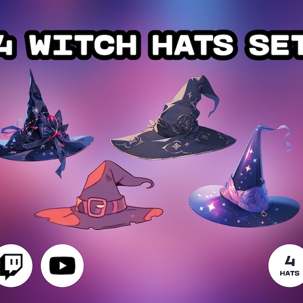 VTUBER 4 Witch Hats Set, VTUBER Asset | High Quality PNG Files | Transparent | Witch Hat