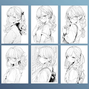 May include: Six black and white line drawings of a young woman with long hair wearing glasses and a school uniform. The woman is looking to the side in each image.
