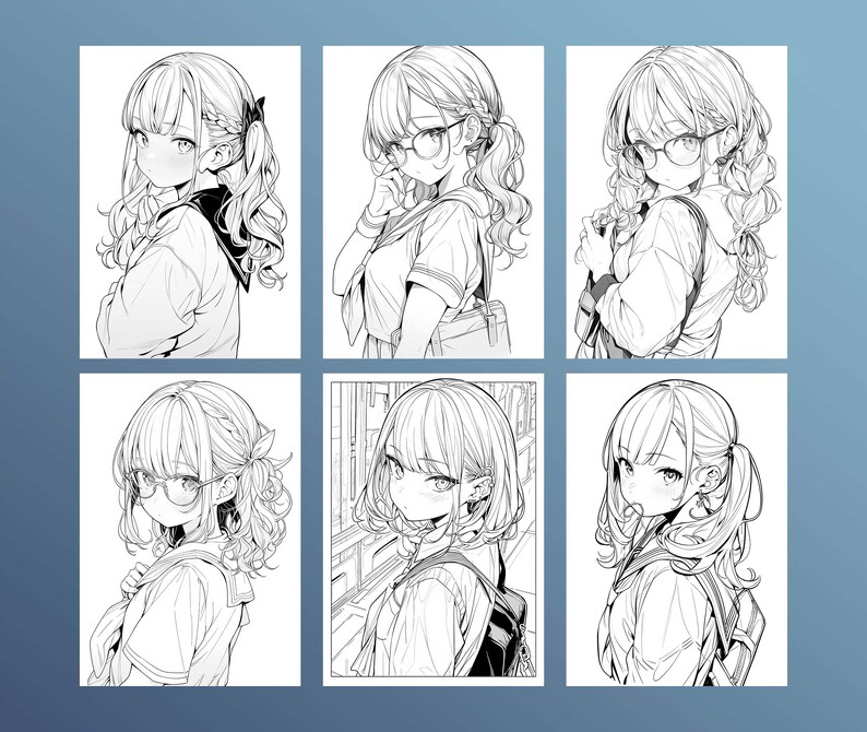 May include: Six black and white line drawings of a young woman with long hair wearing glasses and a school uniform. The woman is looking to the side in each image.