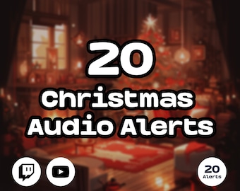 Könnte beinhalten: Ein festliches Bild mit einem Weihnachtsbaum und dem Text "20 Christmas Audio Alerts" in weißer Schrift auf schwarzem Hintergrund. Das Bild enthält auch Symbole für Twitch und YouTube.