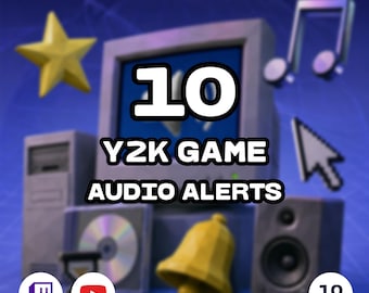 Puede incluir: Un gráfico digital con un monitor de computadora retro, una estrella amarilla, una nota musical, un cursor, un CD, una campana amarilla y un altavoz. El texto dice 10 Y2K GAME AUDIO ALERTS. Incluye iconos de Twitch, YouTube y una insignia 10 ALERTS.
