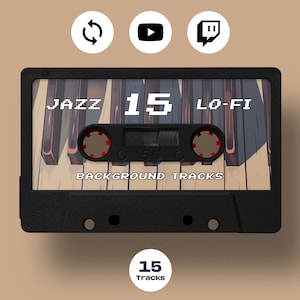 Puede incluir: Una cinta de cassette negra con una imagen colorida de un teclado de piano y el texto "Jazz 15 Lo-Fi Background Tracks". La cinta de cassette tiene una etiqueta blanca con el texto "15 Tracks".