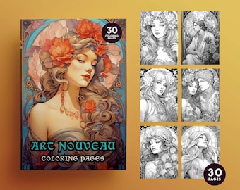 Art Nouveau Manga Coloring Pages – 30 Printable Illustrations (Digital Download)