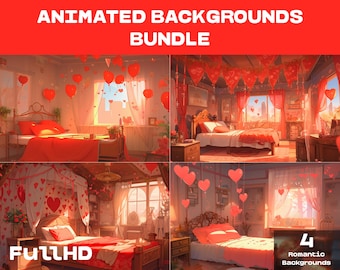 4 FONDOS ANIMADOS / Fondo del día de San Valentín / Fondo de superposición de transmisión de Twitch de Vtuber en bucle con habitación romántica