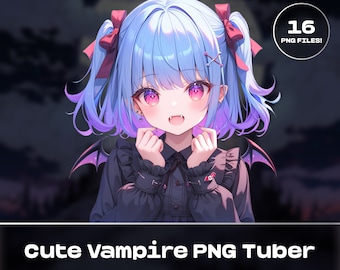 Puede incluir: Una linda chica vampiro de estilo anime con cabello azul y lazos rojos. Lleva un vestido negro con cuello blanco y alas de murciélago. La imagen tiene el texto "Cute Vampire PNG Tuber" y "16 PNG FILES!"