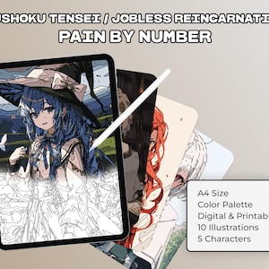 Pode incluir: Um conjunto digital de pintura por números com 10 ilustrações e 5 personagens da série de anime Mushoku Tensei: Jobless Reincarnation. O conjunto inclui uma paleta de cores e é imprimível no tamanho A4.