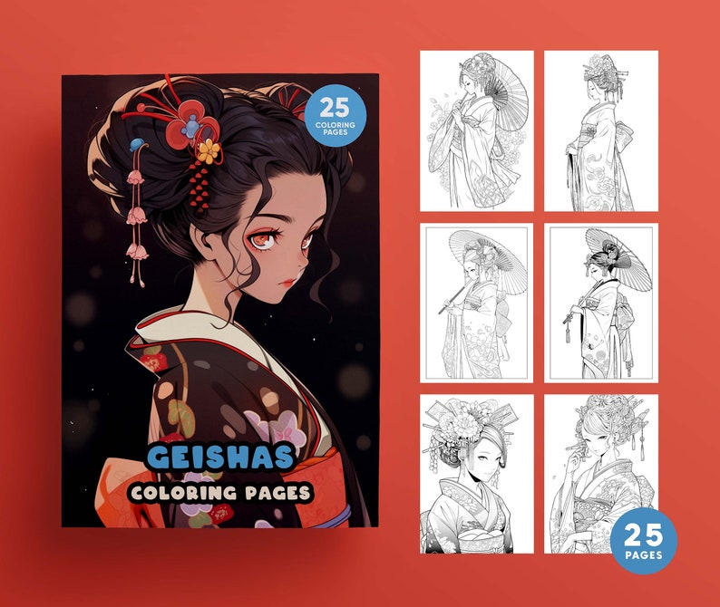 May include: A coloring book featuring 25 pages of illustrations of geishas in traditional Japanese clothing. The cover features a black and white illustration of a geisha with her hair styled in a traditional bun. The title of the book is "Geishas Coloring Pages".