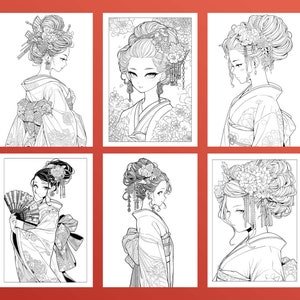 May include: Six black and white illustrations of women in traditional Japanese clothing with elaborate hairstyles and floral headpieces. The women are drawn in a manga style.