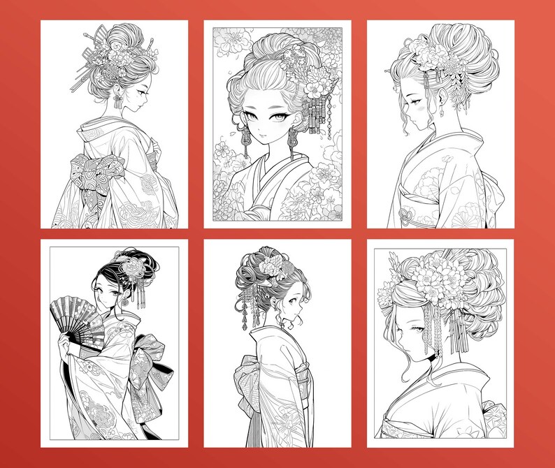 May include: Six black and white illustrations of women in traditional Japanese clothing with elaborate hairstyles and floral headpieces. The women are drawn in a manga style.