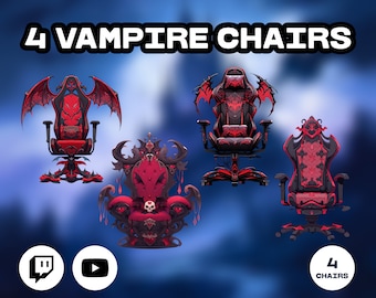Puede incluir: Cuatro sillas de juego rojas y negras con temática de vampiros. Las sillas tienen diferentes diseños, incluyendo alas, calaveras y detalles ornamentados. El texto "4 VAMPIRE CHAIRS" está en la parte superior de la imagen.