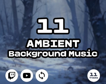 Puede incluir: Una ilustración digital de un bosque nevado con el texto "11 AMBIENT Background Music" y "11 Tracks" en texto blanco con contornos negros. La imagen también incluye iconos para Twitch, YouTube y un símbolo de actualización.