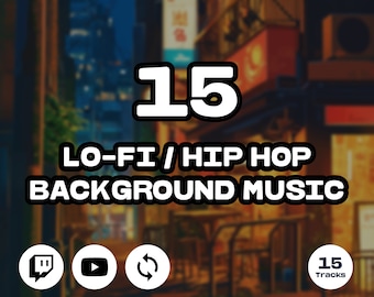 May include: A digital illustration of 15 tracks of lo-fi and hip hop background music. The image features a blurred background of a city street at night with a large number 15 in the center. The text "LO-FI/HIP HOP BACKGROUND MUSIC" is below the number 15. The image also includes three icons: a Twitch icon, a YouTube icon, and a refresh icon. The text "15 Tracks" is in a circle in the lower right corner of the image.