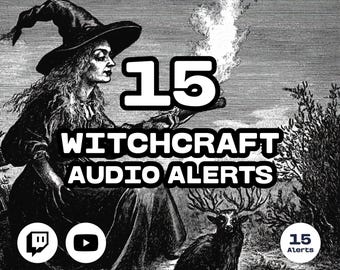 Puede incluir: Una ilustración en blanco y negro de una bruja con un sombrero puntiagudo y un largo vestido fluido. El texto "15 WITCHCRAFT AUDIO ALERTS" está en letras blancas en negrita. Hay dos iconos de redes sociales, un icono de Twitch y un icono de YouTube, en la esquina inferior izquierda. Hay un ciervo en la esquina inferior derecha. El texto "15 Alerts" está en letras blancas sobre un fondo negro.