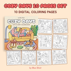May include: A set of 10 digital coloring pages titled "Cozy Days." The cover art features a person relaxing on a couch with a dog. The coloring book includes various cozy scenes, all in black and white line art, with the text "Cute & Comfy Coloring Book."