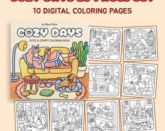 COZY DAYS | 10 Pages Set Part 1: Super Cute Animal Characters Coloring Pages by Blue Elixir | Girl and a Puppy