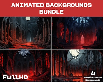 Puede incluir: Un conjunto de cuatro fondos animados que presentan un castillo gótico oscuro con iluminación roja y negra. El texto "4 Vampire Castle Backgrounds" está en la esquina inferior derecha de la imagen.