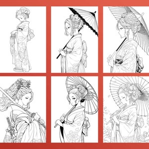 May include: Six black and white illustrations of women in traditional Japanese clothing with parasols. The women are drawn in a manga style with large eyes and flowing hair. Each illustration features a different pose and expression.
