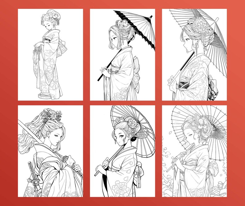 May include: Six black and white illustrations of women in traditional Japanese clothing with parasols. The women are drawn in a manga style with large eyes and flowing hair. Each illustration features a different pose and expression.