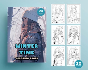 ANIME Coloring Book "WINTER TIME" of Girls, Ghibli & Animals, High Quality coloring pages - pdf and jpeg- Instant Download