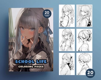 ANIME Coloring Book "SCHOOL LIFE" of Girls, Boys, Ghibli & Animals, High Quality coloring pages - pdf and jpeg- Instant Download