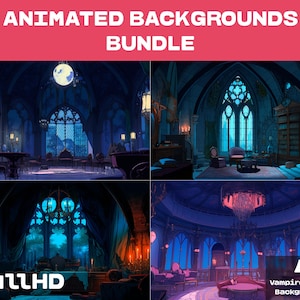 Puede incluir: Un conjunto de 4 fondos animados que representan el interior de un castillo gótico oscuro con una gran araña, ventanas arqueadas y muebles ornamentados. Los fondos son perfectos para crear una atmósfera espeluznante o misteriosa en tus vídeos o animaciones.