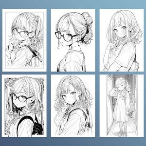 May include: A black and white illustration of six different anime girls with different hairstyles and expressions. Each girl is wearing a school uniform and has a backpack.