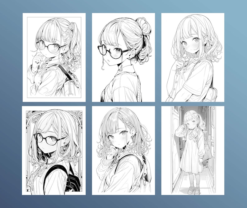 May include: A black and white illustration of six different anime girls with different hairstyles and expressions. Each girl is wearing a school uniform and has a backpack.