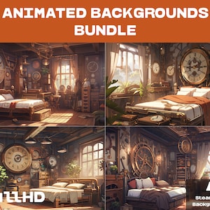 Könnte beinhalten: Vier animierte Steampunk-Hintergründe mit einem Schlafzimmer mit einem Bett, Möbeln und Uhren. Der Text "FULL HD" und "4 Steampunk-Hintergründe" ist im Bild sichtbar.
