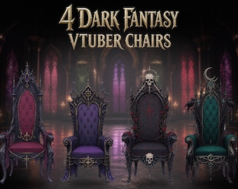 Puede incluir: Cuatro sillas ornamentadas de respaldo alto con marcos de metal oscuro y tapicería capitoné en tonos magenta, morado, negro y verde azulado. El texto 4 DARK FANTASY VTUBER CHAIRS aparece sobre las sillas, que incluyen detalles de calaveras, lunas y flores.