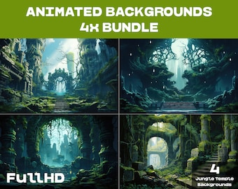 Puede incluir: Un conjunto de cuatro fondos animados de templo de la jungla en Full HD. Los fondos presentan vegetación exuberante, ruinas antiguas y una atmósfera misteriosa.