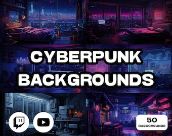 May include: A collection of 50 cyberpunk-themed backgrounds for use in digital art, streaming, or video editing. The backgrounds feature neon lights, futuristic cityscapes, and cyberpunk aesthetics.