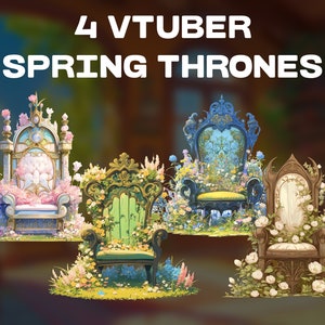 Puede incluir: Cuatro tronos ornamentados con temática primaveral y detalles florales. Los tronos están decorados con flores rosas, azules, verdes y blancas. El texto "4 VTUBER SPRING THRONES" se muestra en la parte superior de la imagen.