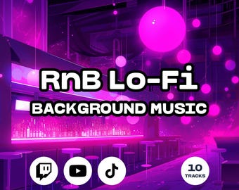Puede incluir: Una ilustración digital de un bar con luces de neón rosas y un letrero que dice "RnB Lo-Fi Background Music". La imagen también incluye logotipos de Twitch, YouTube y TikTok, y una etiqueta que dice "10 Tracks".