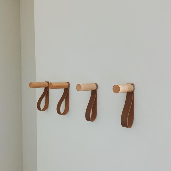 Stylish Wood Hook Peg with Leather Strap Minimal Rack Single Towel Scarf Loop Hanging Storage Bag Coat Dog Leash Unique Home Accessory