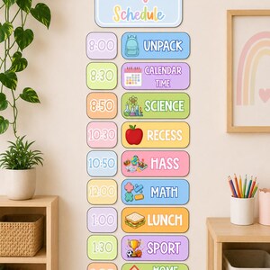 Puede incluir: Un horario escolar colorido con el texto "Today's Schedule". Cada intervalo de tiempo está etiquetado con una materia, incluyendo "Unpack", "Calendar Time", "Science", "Recess", "HASS", "Math", "Lunch", "Sport" y "Home Time".