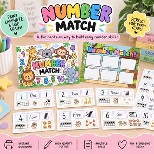 May include: A Number Match educational activity set featuring colourful cards with numbers one through ten, illustrated with animals, tally marks, ten frames, and finger counting graphics, alongside two instructional boards with the text Number Match.