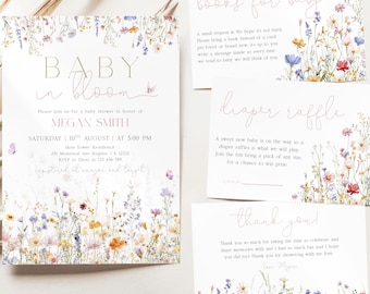 Boho Baby in Bloom Baby Shower Invitation Suite, Wildflower Baby Sprinkle Invite Set, Spring Floral Baby Shower Diaper Raffle