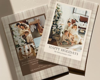 Neutral Plaid Christmas Photo Card, Boho Happy Holidays Family Photo Card, Printable What a Year Christmas Card Template