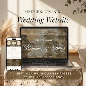May include: A laptop and a smartphone displaying a wedding website template with a vintage landscape background. The screen shows the text VINTAGE & ROMANTIC Wedding Website, THE WEDDING OF Miranda & Arthur, and SEPTEMBER THE 10TH 2026.