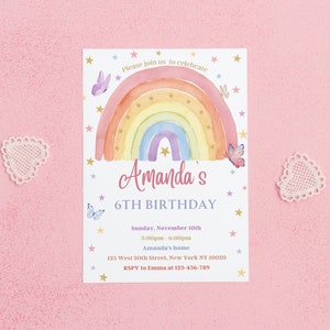 May include: A rainbow-themed birthday invitation with a colorful rainbow, stars, and butterflies. The text reads "Please join us to celebrate Amanda's 6th Birthday. Sunday, November 10th, 3:00pm-6:00pm, Amanda's home, 125 West 20th Street, New York NY 10020, RSPV to Emma at 123-456-789."