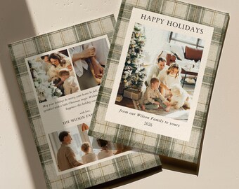 Plaid Holiday Photo Card, Vintage Christmas Card Canva Template, Green Plaid Happy Holidays Photo Card, What a Year
