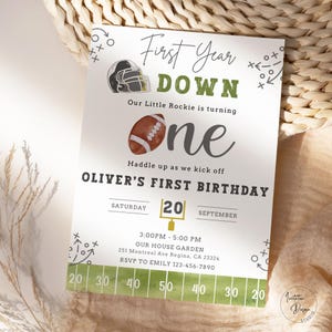 First Year Down Birthday Invitation 1st Year Down Birthday Invitation Editable Template 1st Football Party Invitation