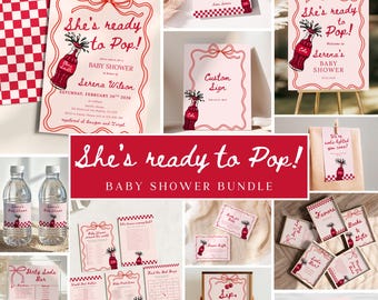 She’s Ready to Pop Baby Shower Invitation Bundle, Pink Bow Girl Baby Shower Activities, Retro Soda Pop Invite Set