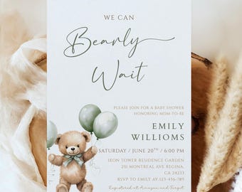 May include: A baby shower invitation featuring a charming cartoon teddy bear holding green balloons. The invitation reads "We can Bearly Wait" and provides details for the shower, including the date, time, location, and RSVP information.