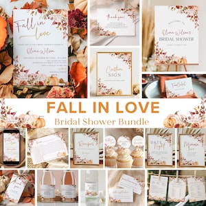 Fall in Love Bridal Shower Invitation Bundle, Autumn Pumpkin Bridal Shower Decor, Editable Fall Bridal Shower Bundle