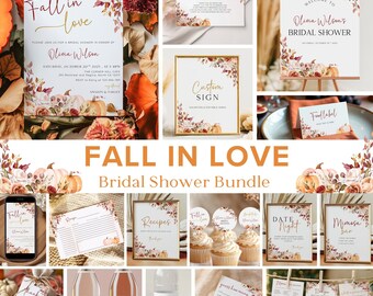 Fall in Love Bridal Shower Invitation Bundle, Autumn Pumpkin Bridal Shower Decor, Editable Fall Bridal Shower Bundle